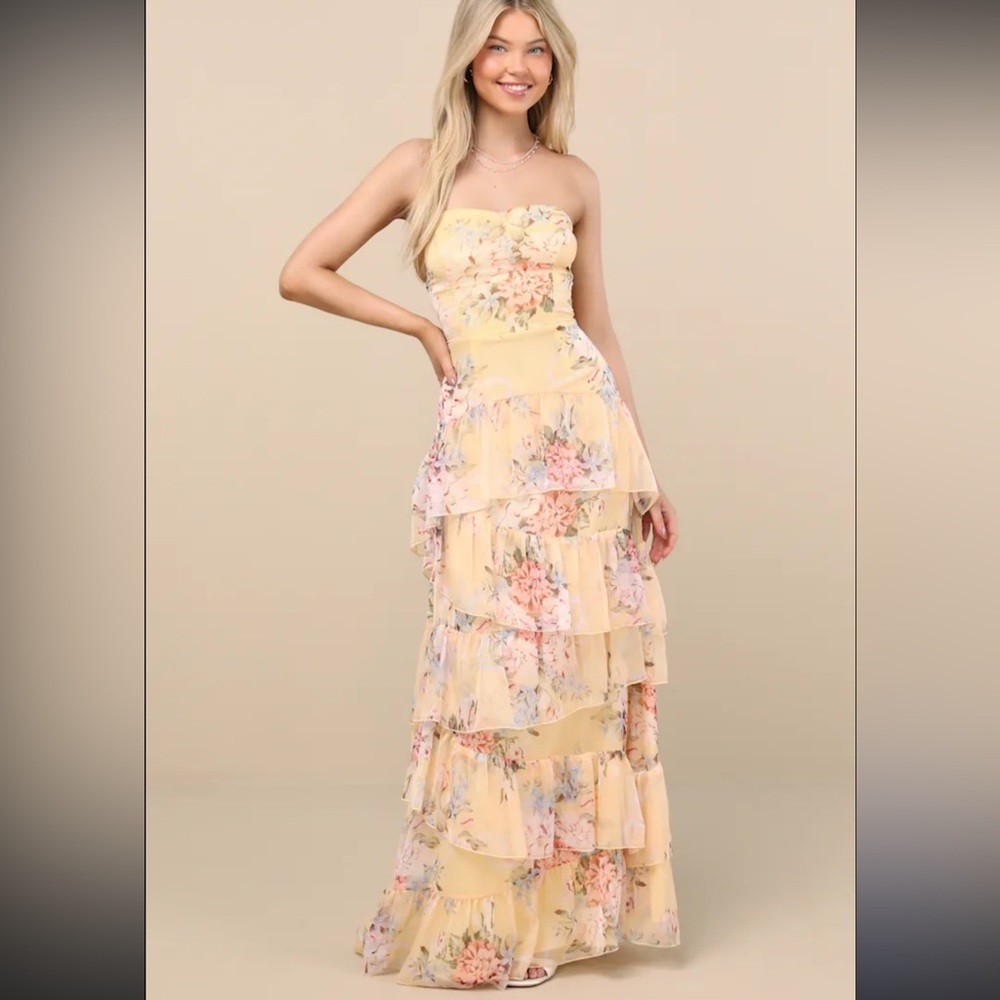 Lulus Floral Strapless Tiered Maxi Dress in Yellow